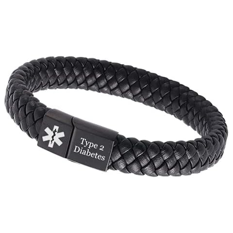 ForeverWill Free Customized Medical First Aid Bracelets for Women Men Magnetic Leather Type 2 Diabetes Alert ID Wristband for Emergency,Black,20.5cm Cover