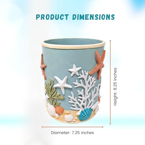 Image of Seaside Splendor Wastebasket - Starfish Seashells Resin Ocean Trash Bin | Premium 3D beach bathroom or guest bath small container, coastal decorative garbage can basket for bedroom, office vanity