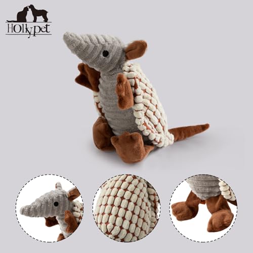 Image of Hollypet Plush Dog Squeaky Toy Stuffed Armadillo Animal Pet Puppy Chew Toys with Clean Teeth for Small Medium Large All Breed Sizes Dogs, Milky White, 8 in