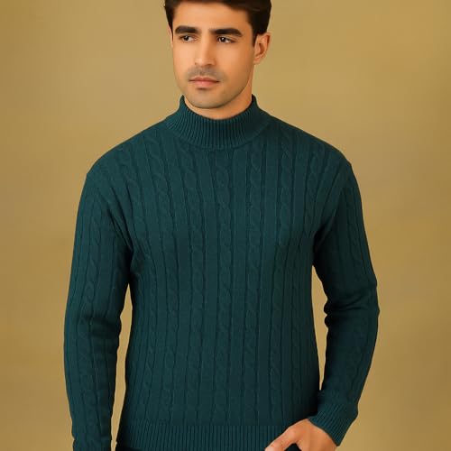 Image of Kvetoo Men's High Neck Cable Knit Sweater | Winter Pullover | Warm Wool Blend |Casual Full Sleeve Sweater for Men | Stylish Ribbed Neck Slim Fit Winterwear
