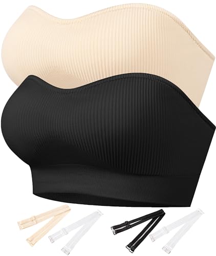 PRETTYWELL Strapless Bra for Women Ribbed Seamless Non-Slip Comfort Padded Wireless Bandeau Bras Wireless Tube Top Bra
