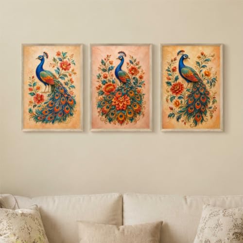 Image of Livin'luxe Set of 3 Peacock Floral Wall Paintings for Living Room Bedroom Home Decor with Premium Wooden Color Synthetic Frame, Ethnic Art (13.5 x 19.5 Inch) NM03-66