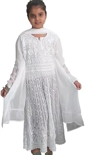 ROMAA'S Girls White Georgette Chikankari Anarkali Dress with Dupatta | Embroidered One Piece Ethnic for Kids Price In India