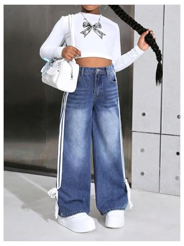 Verdusa Girl's Y2k Bow Baggy Jeans Striped Wide Leg High Elastic Waist Denim Pants4