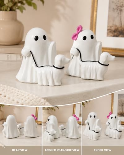 Halloween Ghost Walking Dog Figurines, Resin Statues with Pink Bow, Cute Spooky Tabletop Decor for Shelf, Mantel, Tiered Tray, Entryway, Home Decorations Gift for Dog Lovers (Ghost Walking Dog) - image 8