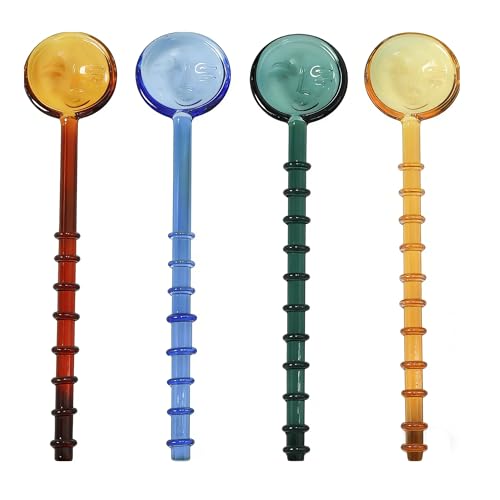 TMXAOK 4 Pieces Glass Stirring Spoons Clear Crystal Coffee Cocktail Mixing Spoon Teaspoons with Spiral Handle Salt Sugar Ice Cream Yogurt Jam Dessert Scoop Swizzle Stick Stirrer for Bar Cafe Party (J)