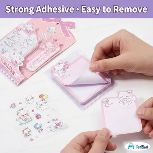 Image of FunBlast Cute Cat Sticky Notes - Cat Memo Pad, Kawaii Sticky Note for Kids & Girls, Self Adhesive Notes and Bookmark, Stationery Gift for School, Office & Personal Use (Pink)