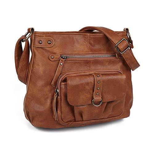 Large Crossbody Bags for Women PU Washed Leather Over the Shoulder Travel Purses and Boho Cross Body Handbags,Multi Pockets,Brown