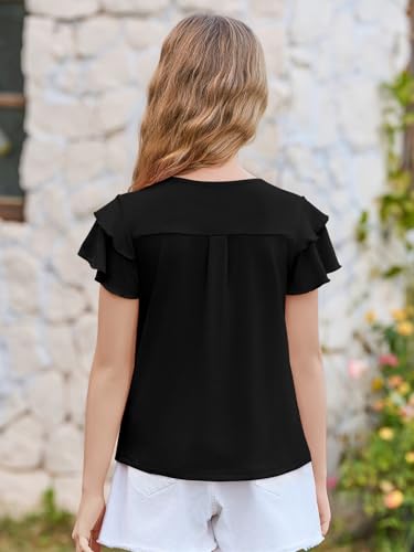 Image of Haloumoning Girls Pleated Ruffle Short Sleeve Shirts Kids Summer Crewneck T-Shirts Fashion Tops Tees 5-14 Years