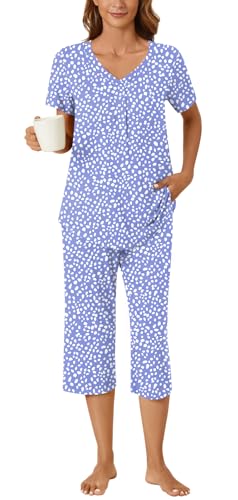 Bestbee Womens Pajama Sets 2 Piece Lounge Outfits Summer Sleepwear V Neck Short Sleeve Capri Pant With Pockets Ladies Pjs, L, Spotted Blue