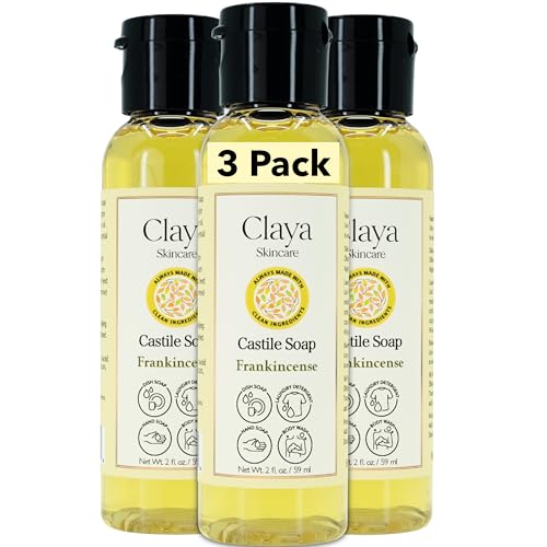 Image of Claya Frankincense Liquid Castile Soap - Organic Ingredients, Biodegradable, Gentle for Sensitive Skin, Versatile Use and Travel Size (3 Pack of 2 fl oz)