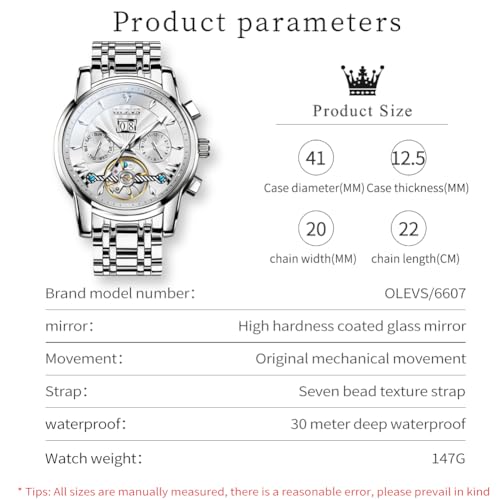 Image of OLEVS Watches for Men Automatic Skeleton 5 Hands Mechanical Luxury Watch Classic Calendar Stainless Steel Waterproof Mens Wrist Watch