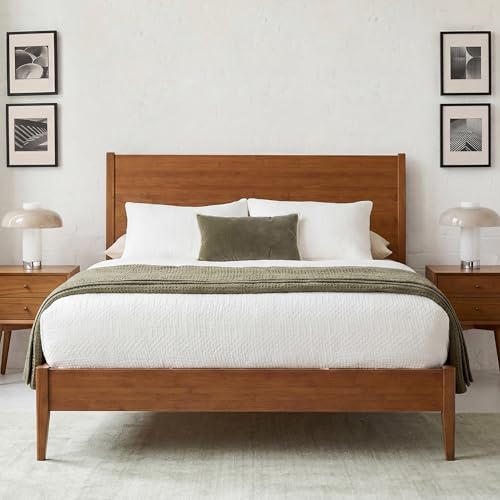 Merax King Size Vintage Modern Bamboo Wood Platform Bed Frame with Headboard, Sled Wooden Bed Frame with Heavy Duty Steel Center Beam for Support, No Box Spring Needed, Easy Assembly, Walnut