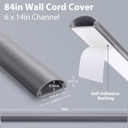 Image of ZhiYo 85in Cord Covers for 1-2 Wires on Wall, D-Shaped 1 inch W x 0.4 inch H, Grey