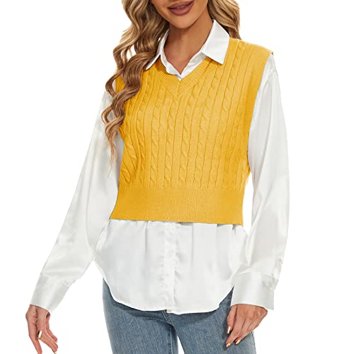 Sweater Vest For Women Crop V Neck Sweaters Sleeveless Cable Knit Vest Pullover Knitwear Tops Yellow Medium #TOP1