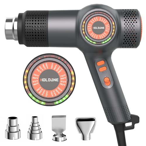 Holdone Heat Gun Fast Heating 1800W 122℉-1202℉ LED 3-color light to display temperature Shrink wrap heat gun with 4 Nozzles for Soften,Car film,Drying