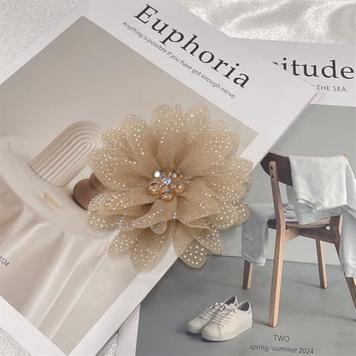 Image of Rhinestones Flower Fabric Big Brooches Lapel Pins for Women Elegant Organza Floral Brooch Pin for Dresses Suit Wedding Banquet Clothes Accessories Fashion Jewelry 130mm