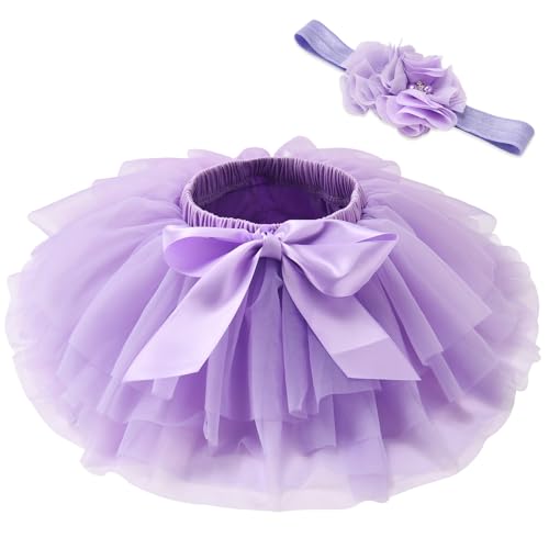 Image of Cabahata Baby Girl Tutu Skirt with Headband Set Toddler Kids Girls Tutu Dress with Diaper Cover(Purple, S/0-12m)