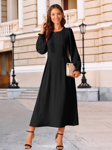 Image of Seta T Women's Fall Dress Frilled Long Sleeve A-Line Casual Midi Dresses | Crewneck, Smocked Cuff, Front Pleated, Pockets, Flowy and Lightweight, Party Elegant Outfit 2026