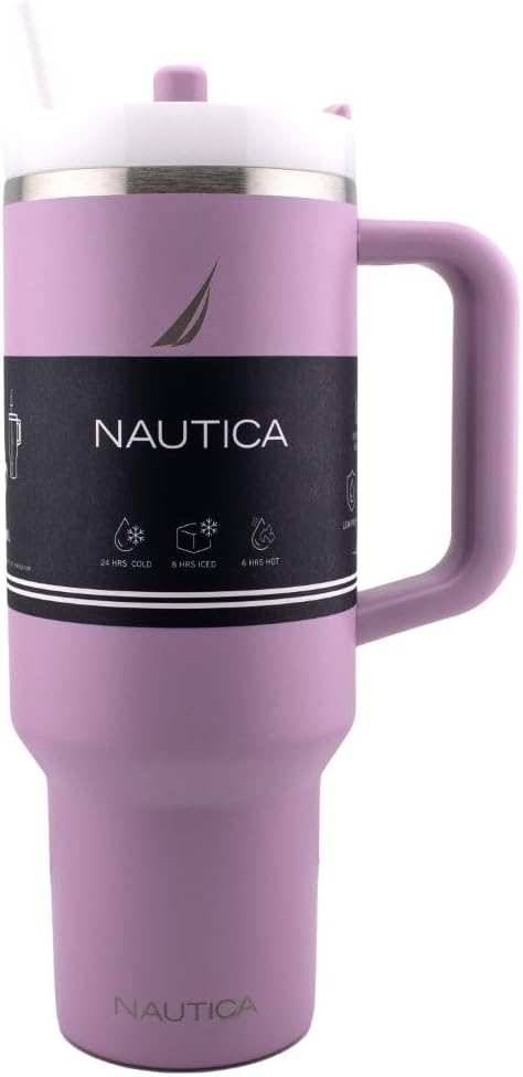 Nautica 40 oz Large Insulated Tumbler with Handle & Straw with screw on cap, Reusable Water Bottle Stainless Steel Travel Mug for Hot Cold or Iced Drink, BPA-Free, Fits Car Cup Holders (Violet) - Image 3
