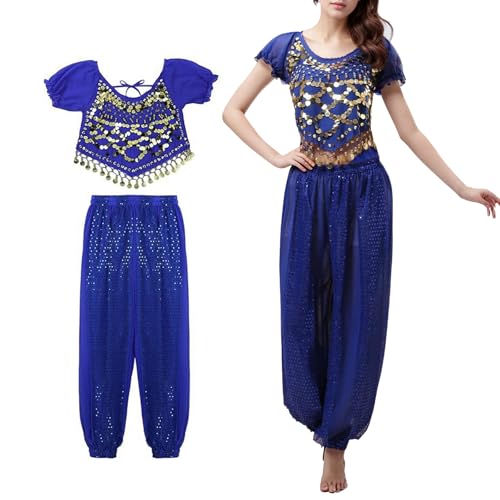 XDGBGFN Damen Bauchtanz Kostüm Set Tanzen Top und Laterne Hosen Professionel Orientalische Bauchtänzerin Verkleidung Karneval Kostüm (Dunkelblau, M)