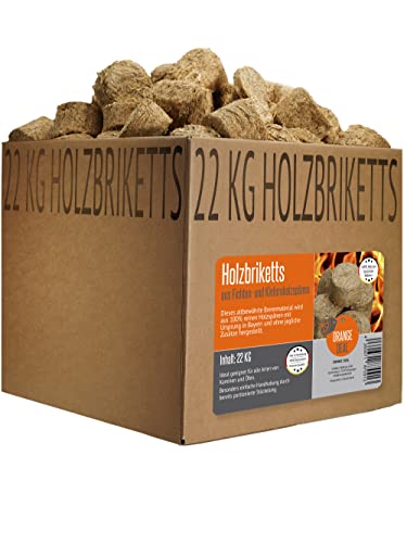 22 kg Holz-Briketts im Karton Kaminbriketts aus Fichtenholz- und/oder Kiefernholz- Spänen zum Beheizen von Öfen, Kaminen, Feuerschale oder Grill Cover
