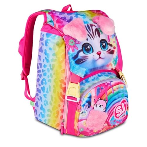 Zaino Scuola Sj Girl Cat & Air Gattino Tigrotto estensibile By Seven per elementare Bambina + 7 penne a scatto e portachiave pailettes