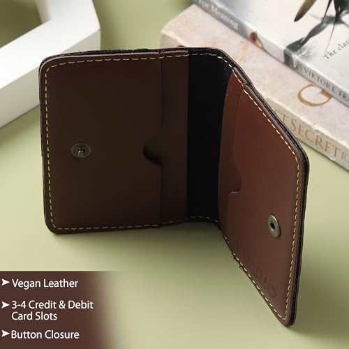 Image of VEMILIO Vegan Leather Card Holder Wallet for Men & Women | Slim Bi-Fold Design | RFID Protected | Button Closure | 3-4 Card Slots | Durable & Travel-Friendly (Brown)