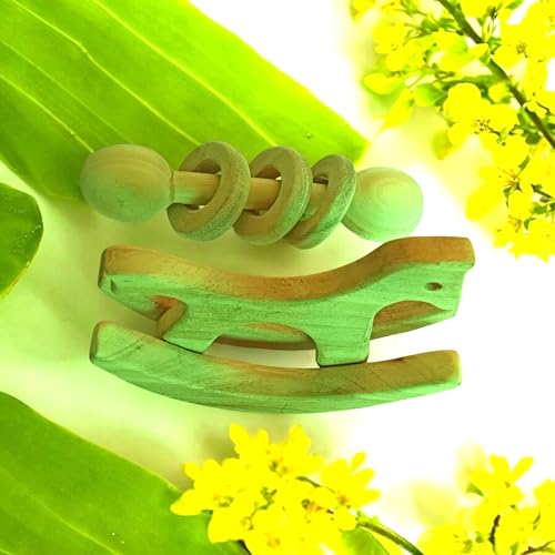 Image of Pocket-Sized Mini Swing Horse | Dumbbell with Rings | Wooden Rattle Teether Toys for Babies | Safe Imaginative Play | Hand-Eye Coordination