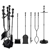Amagabeli Juego de 5 Herramientas para Chimenea Mango Negro Hierro Forjado Gran Juego de Herramientas para Fuego y Soporte para Exterior para fogata para Interior rústico con tenazas