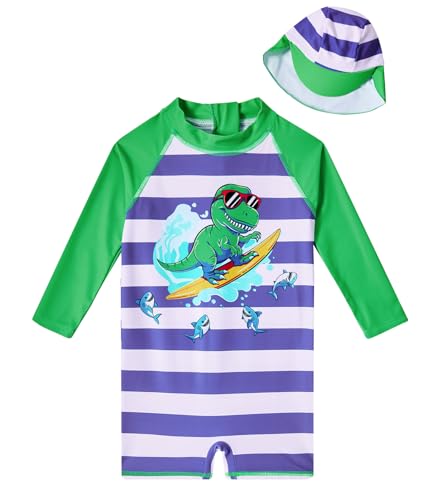Image of 3 Month Swimsuit Boy One Piece Surf Dino Bathing Suit 0-3 Months Newborn Boys Rash Guard Black Swimwear with Sun Hat
