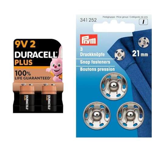 Duracell Plus 9V Batteries (Pack of 2) - Alkaline - 100% Life Guaranteed & Prym Sew-On Snap Fasteners Brass Silver col 21 mm, 0.2 x 0.2 x 0.3 cm