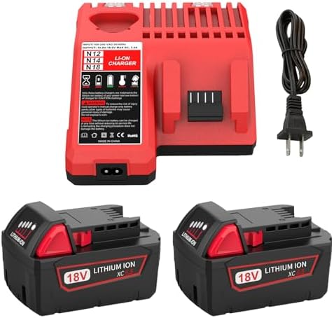 Ahomtikk 18V 6.5AH Battery Replace for Milwaukee M 18 Battery 48-11-1850 48-11-1860 48-11-1820 48-11-1840 with 48-59-1812 M 18 Charger Replacement Compatible with All Milwaukee 18 Volt Tools (2 Pack)