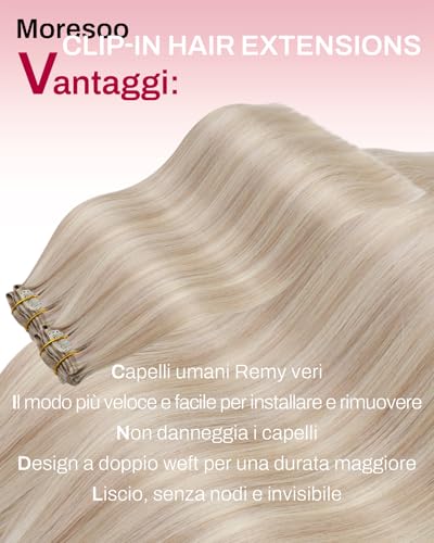 Image of Moresoo Clip in Hair Extensions Blonde Highlights Human Hair 20 inch 120g | Human hair clip ins, ash bleach blonde highlights, 7pcs, smooth straight finish for wedding-ready length and soft glow