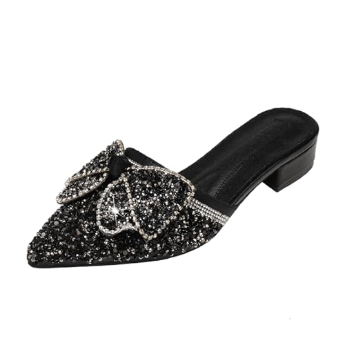 EGEBS Women's Shiny Rhinestone Bow Chunky Heels Mules Fashion Comfortable Closed Pointed Toe Slip On Low Heel Slides Sandals for Party Date Wedding Dressy Clogs (Black,8)
