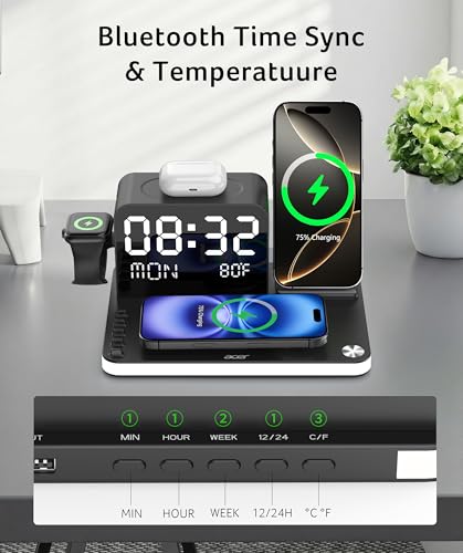acer 7-in-1 Wireless Charging Station: Charger Stand for Multiple Devices for Apple - iPhone 16 15 14 13 12 Pro Max Apple Watch Airpods, Wireless Charger iPhone Charging Station with Bluetooth TimeSyn - Image 5