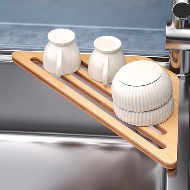 Dish Drying Rack for Sink Corner,Bamboo Drainer Mat for Kitchen,Sink Accessories(Natural)