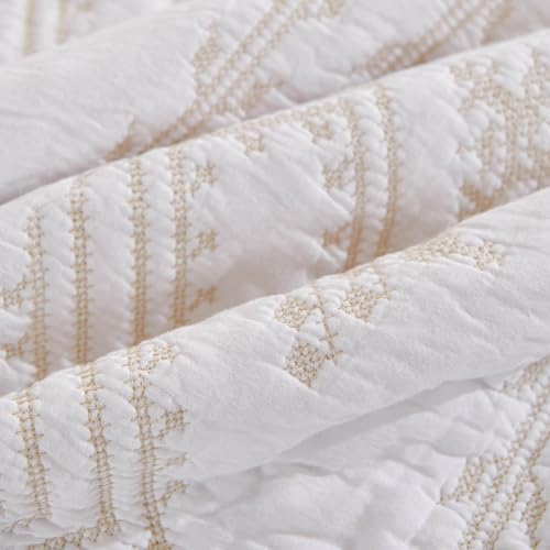 LEAONME 100% Cotton 3-Piece Quilt Set White Full Queen Size Lightweight Bedspread Coverlet 90''x98'' Soft Luxurious Embroidered Bedding Set for All Seasons (1 Quilt, 2 Pillow Shams)