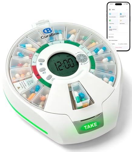 CB CuraBox 21-Day Bluetooth Automatic Pill Dispenser Individual Rising Pods for Elderly Easy Access & Fresh Storage with Adherence Tracking Alarm & Light Alerts Key Lock for Seniors and Caregivers