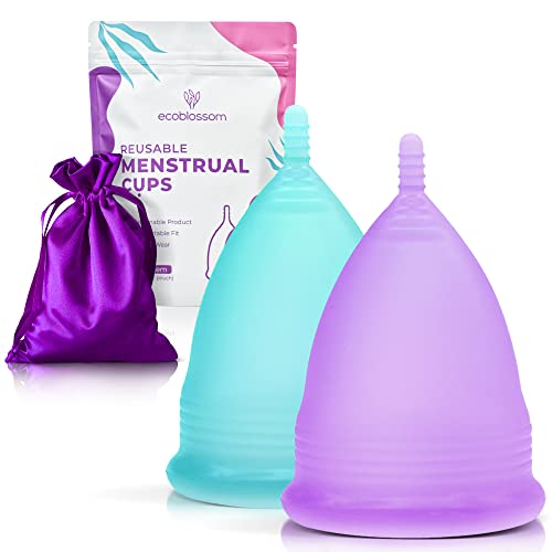 EcoBlossom Reusable Menstrual Cup Set - The Most Reliable Medical Grade Silicone Period Cups - Comfortably use for 12 Hours (Small & Large)