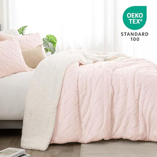 Image of BEDELITE Fluffy Sherpa King Comforter Set,Pink | Super Soft & Warm Fleece Bedding, Luxury Fuzzy Comforter for Winter, Heavy Plush Bedding Set,2 Pillowcases