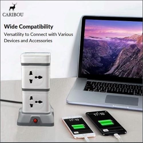 Image of Caribou CBU-35 Power Tower Extension Board with USB Ports | 8 Universal Power Sockets| Overload Protector | Led Indicator| 2.0 mtr ISI Approved Cord| Multi-Plug| 2500w|2.4A USB Port|Made in India