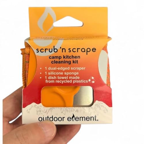 Outdoor Element Scrub 'n Scrape Camp Kitchen Cleaning Kit, 3-Piece, BPA-Free Nylon and Stainless Steel, Silicone Sponge, Microfiber Towel