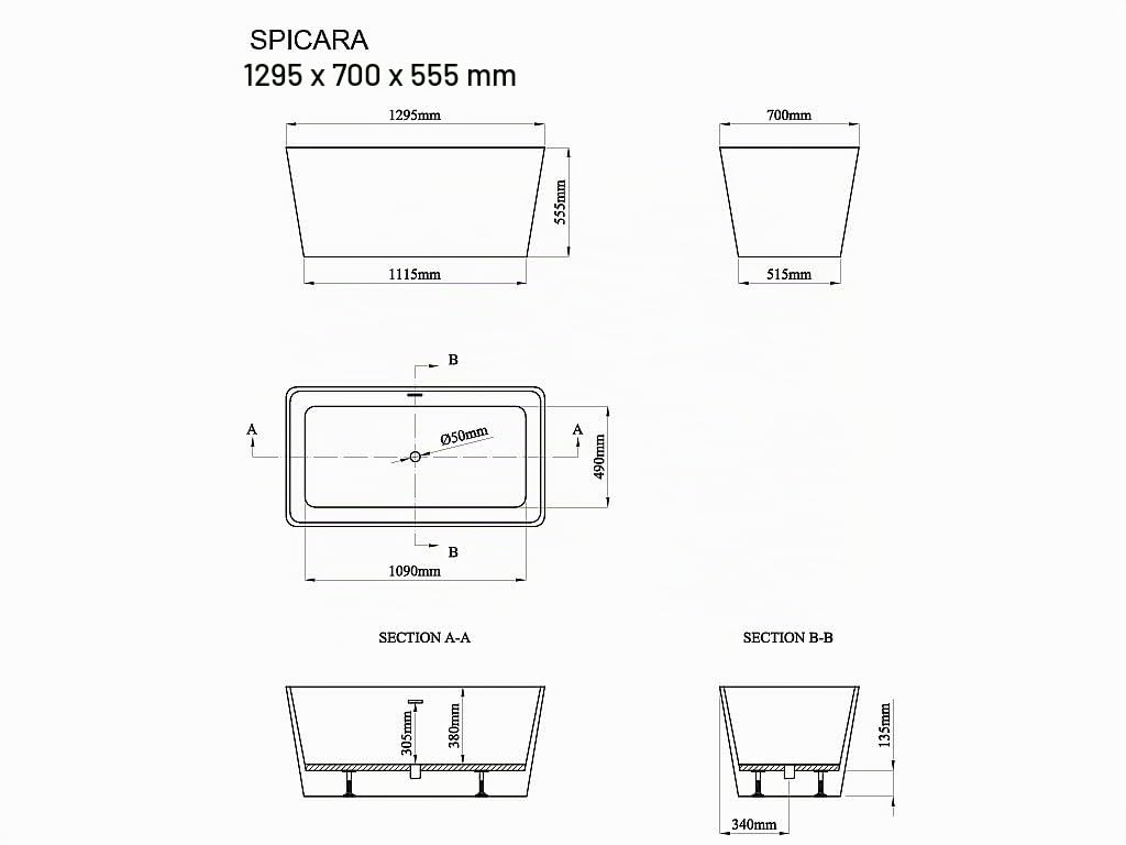 Vente-unique - Baignoire Ólot rectangulaire - 197 L - 130 x 70 x 55 cm - Blanche - Acrylique - SPICARA