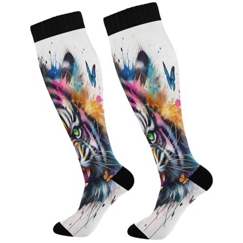Joisal Tiger Watercolor Butterfly Floral Compression Knee High Socks for Comfort Support, Unisex all Day Comfort, 1 pair
