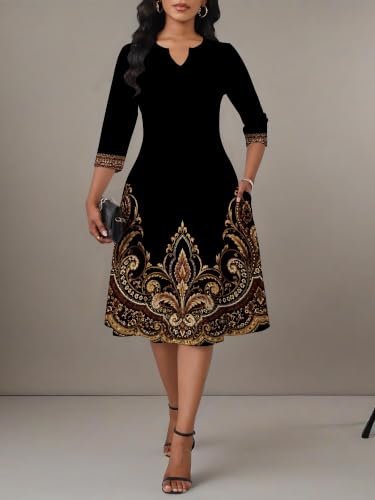 Image of PinkPatty Women's Casual 3 /4 Sleeve Midi Dresses Fit and Flare Church Work Dress with Pockets