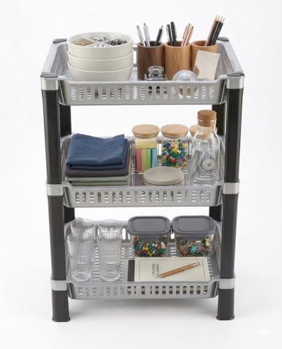 Image of U-Max Multi Tire Kitchen Storage Rack, Plastic Utility Shelf Organiser, Space Saving Storage Solution, Revolving Vegetable Rack (Silver, 3)