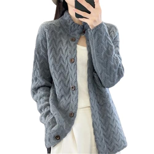 Women Stand-Up Collar Button Cardigan Cable Long Sleeve Casual Thicken Knitted Sweater Coat