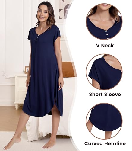 Image of NACHILA Bamboo Viscose Nightgown for Women Short Sleeve Crew Neck Sleepwear