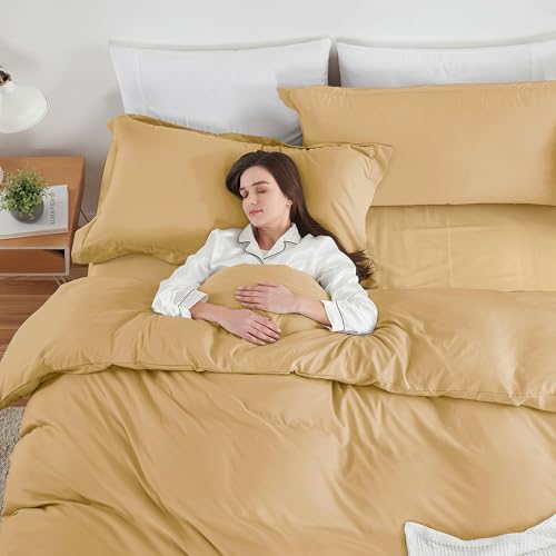 Image of Hearth & Harbor Camel Gold Duvet Cover with Fitted Sheet Queen Size | 4 Piece Soft Double Brushed Bedding Set, Button Closure, 1 Duvet Cover 90x90 Inches, 1 Fitted Sheet, 2 Pillow Shams